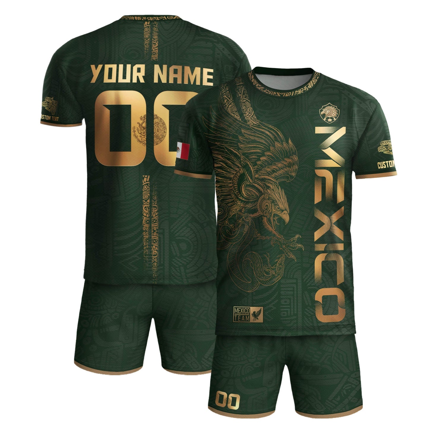 Custom Mexico Green Gold Soccer Jersey with Aztec Eagle Serpent Design