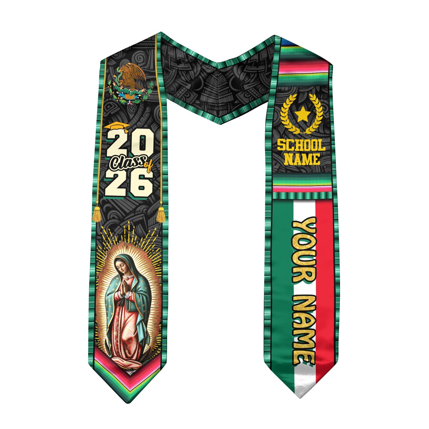 Custom Class of 2026 Virgen de Guadalupe Graduation Stole – Personalized USA Mexico Heritage Senior Sash