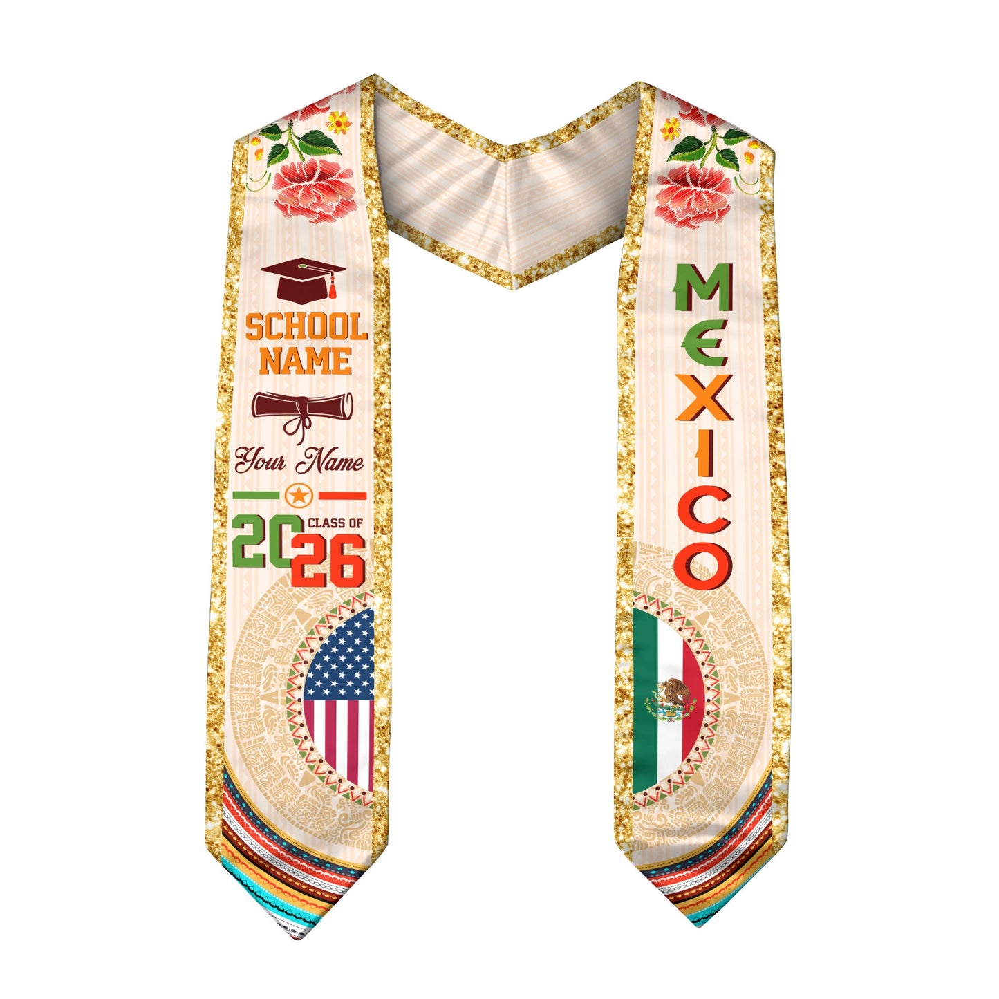 Mexican Graduation Stole Custom Name Mexico USA Flag Aztec Rose Class 2026