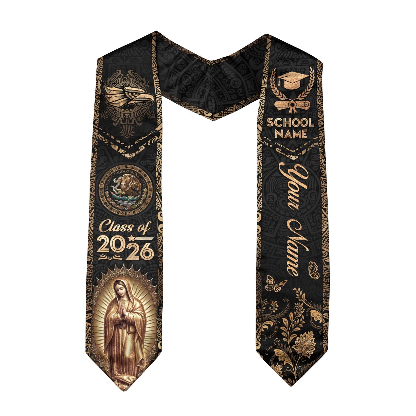 Mexican Graduation Stole 2026 Custom Mexico Sash Virgin Mary Cross Aztec Patterns