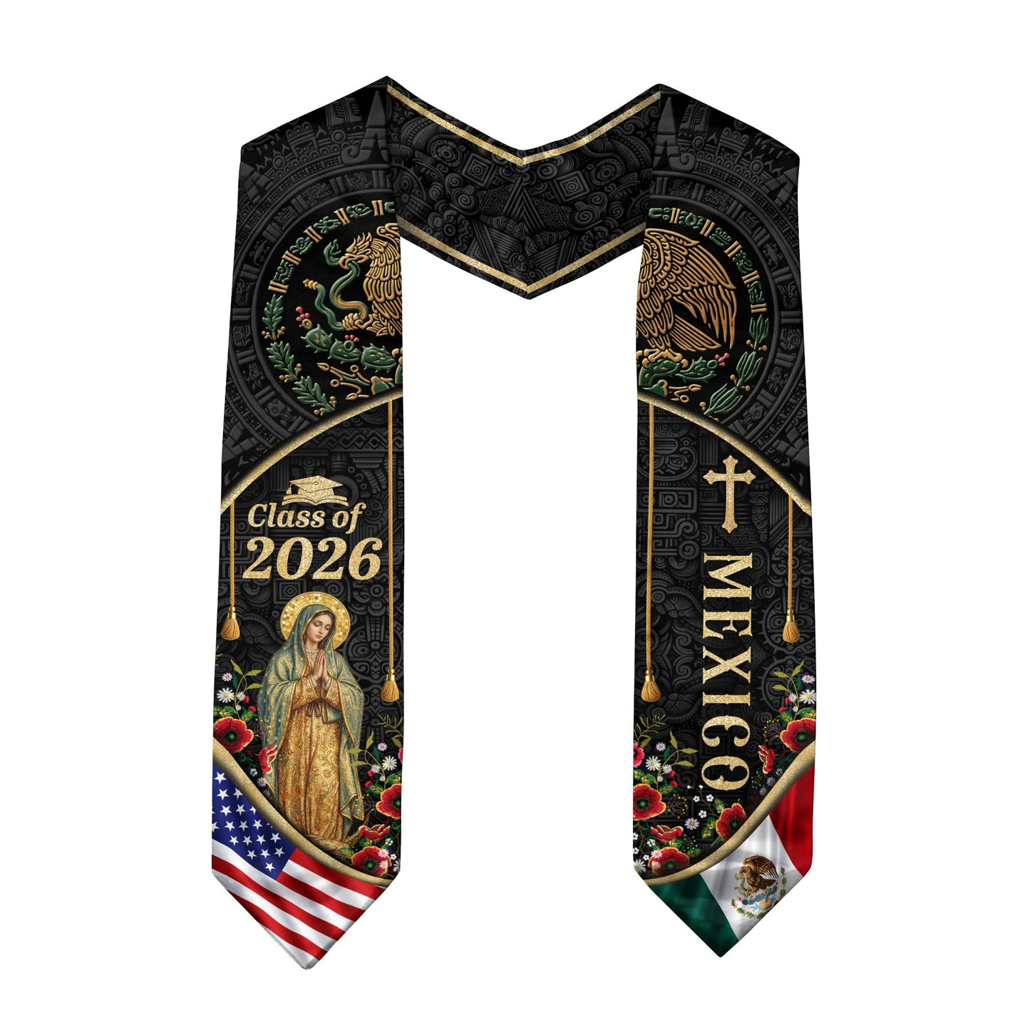 Mexican American Graduation Stole 2026, Virgin Mary & Eagle Heritage Serape