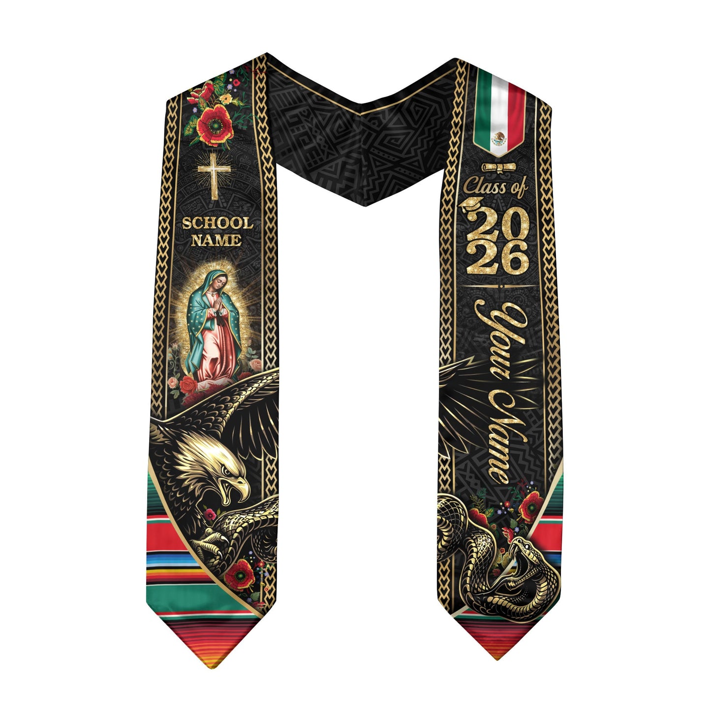 Custom Mexico Graduation Stole 2026 Virgin Mary Eagle Snake Catholic Mexican Heritage Sash