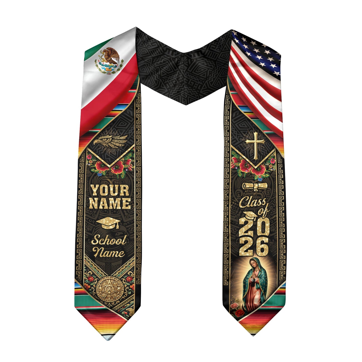 Custom Mexico USA Graduation Stole 2026 Virgin of Guadalupe Mexican American Heritage Sash