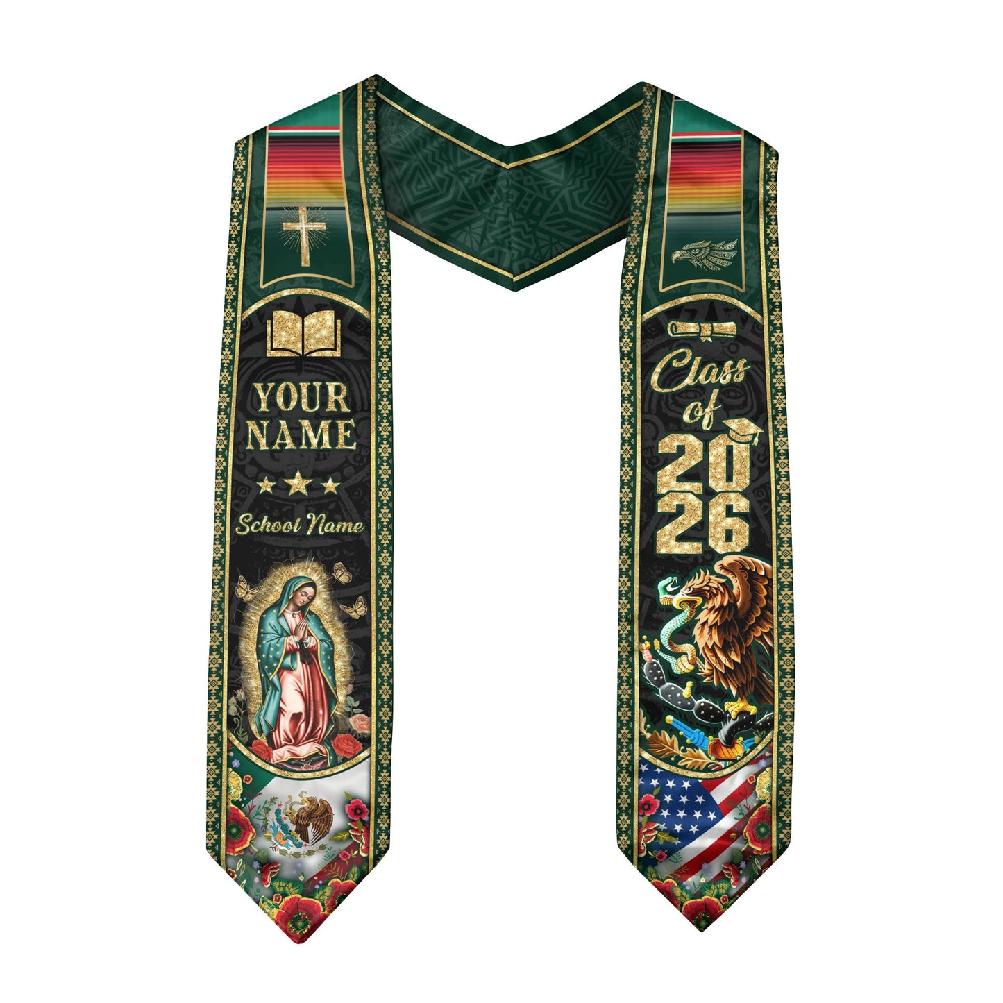 Custom Mexico USA Graduation Stole 2026 Virgin of Guadalupe Eagle Mexican American Heritage Sash
