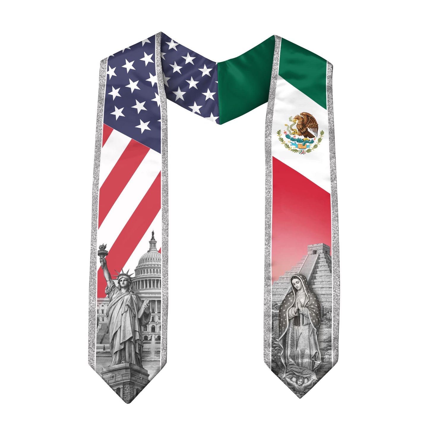 Mexican American Graduation Stole - Silver Glitter Mexico USA Flag Sash