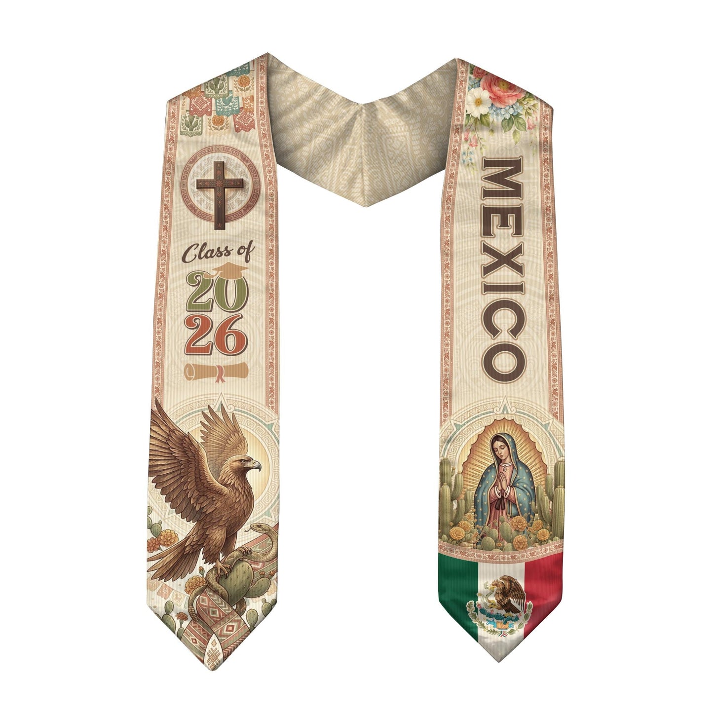 Mexico Graduation Stole 2026 Eagle Cactus Virgin Mary Cross Vintage Catholic Design