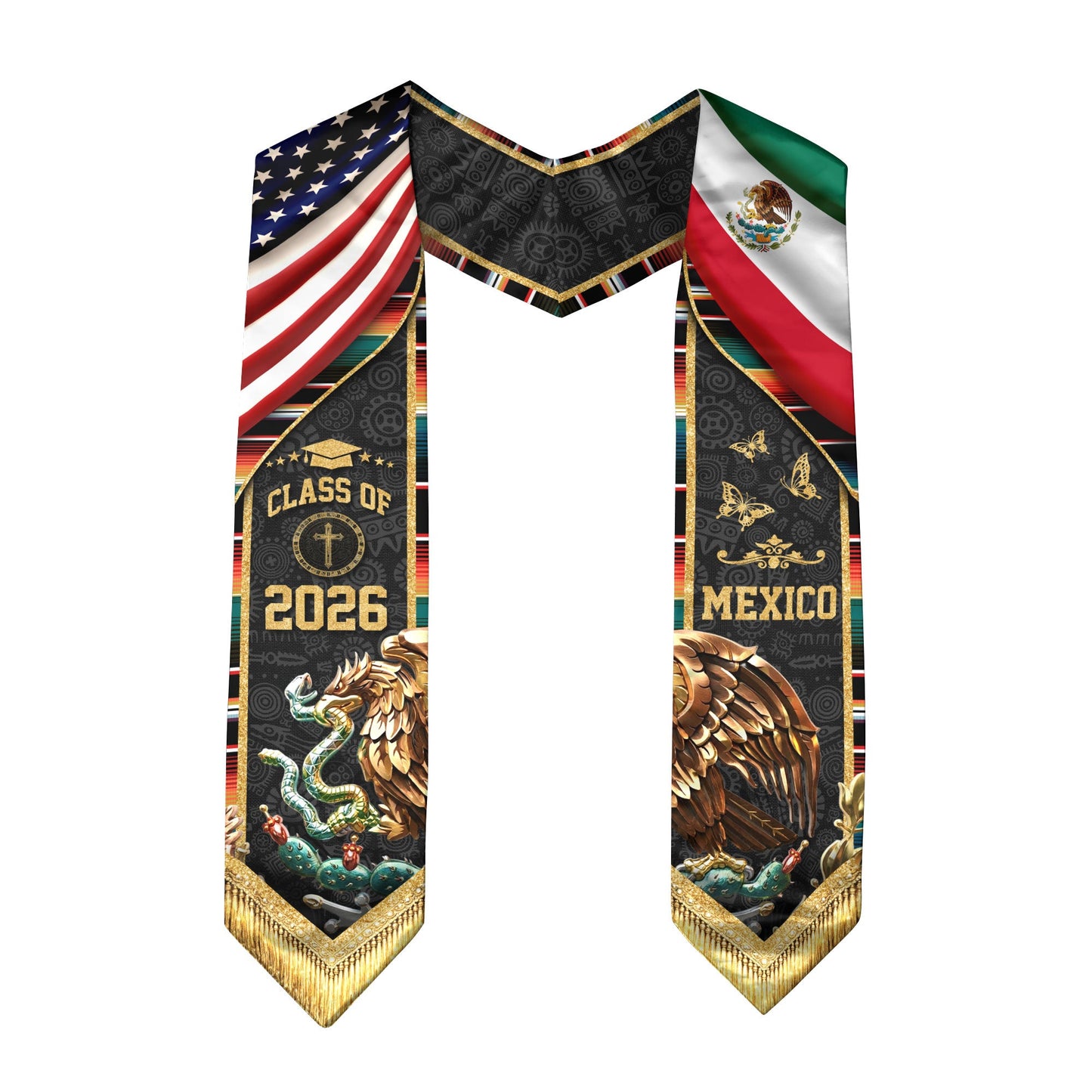 Mexico USA Graduation Stole Class of 2026 - Virgin Mary Dual Flag Heritage Sash
