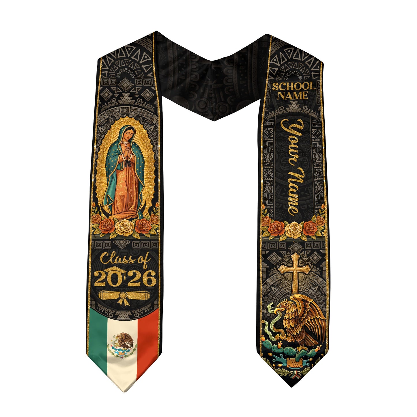 Personalized Mexican Graduation Stole 2026 - Our Lady of Guadalupe Aztec Heritage Sash