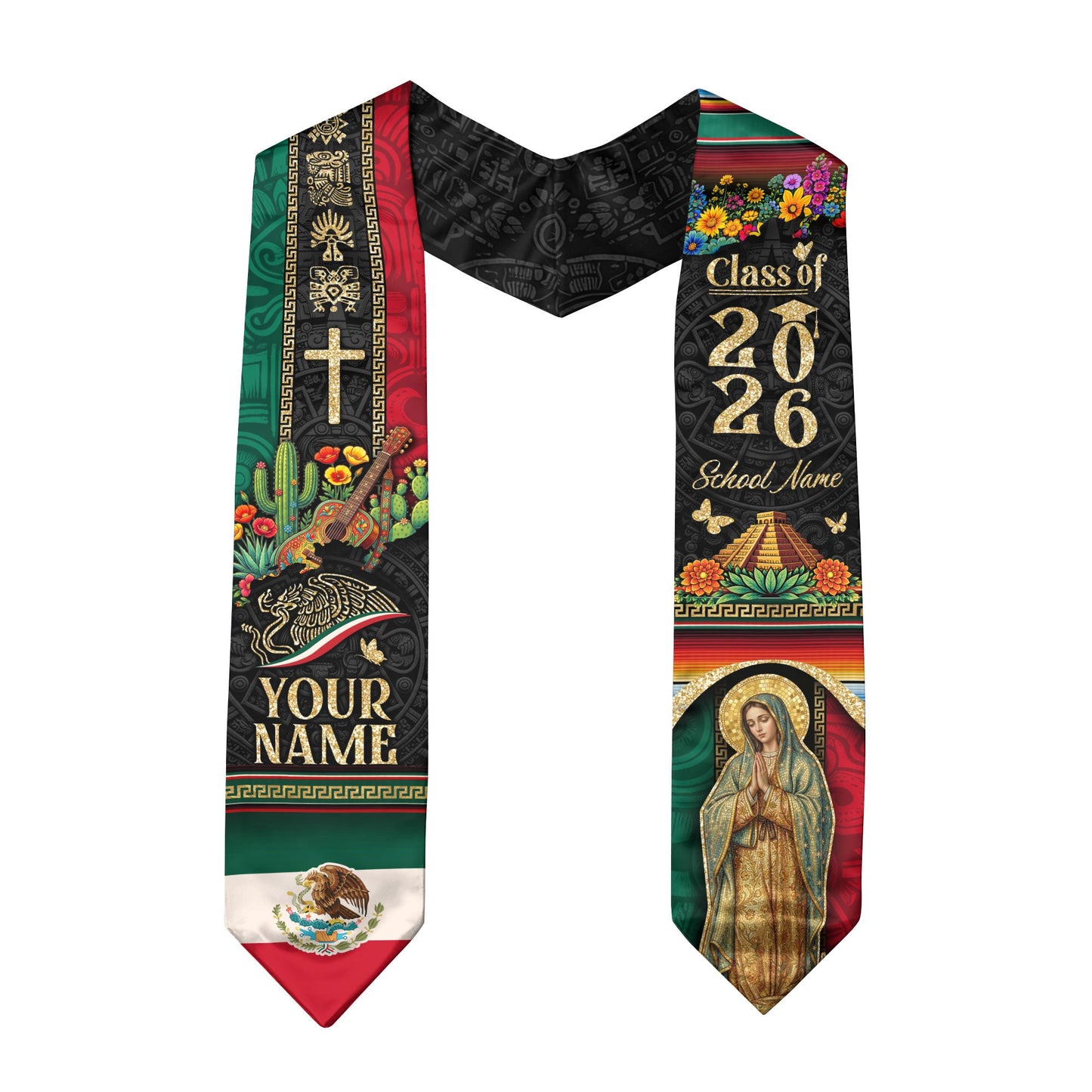 Personalized Mexican Graduation Stole 2026 - Aztec Pyramid & Guitar Heritage Sash