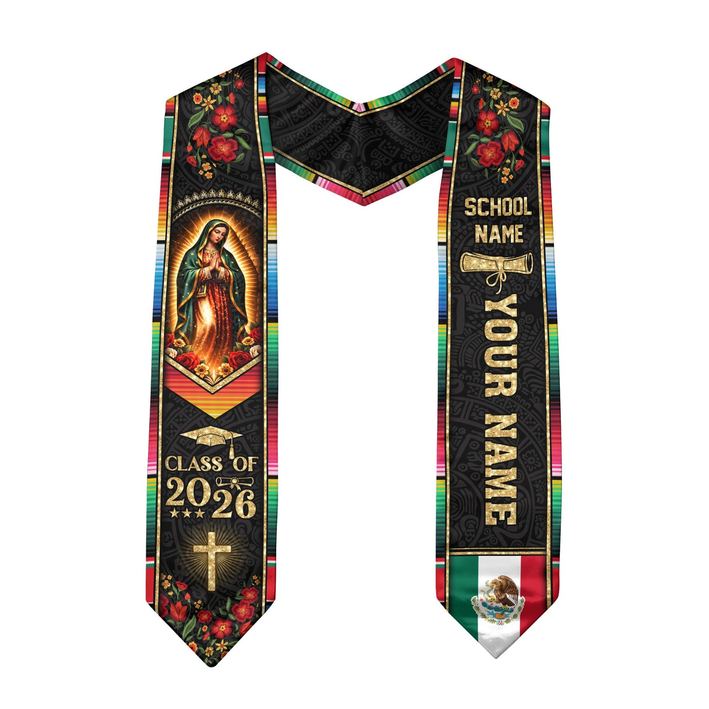 Custom Name School Mexico Graduation Stole 2026 - Mexican Pride Serape Cross Sash