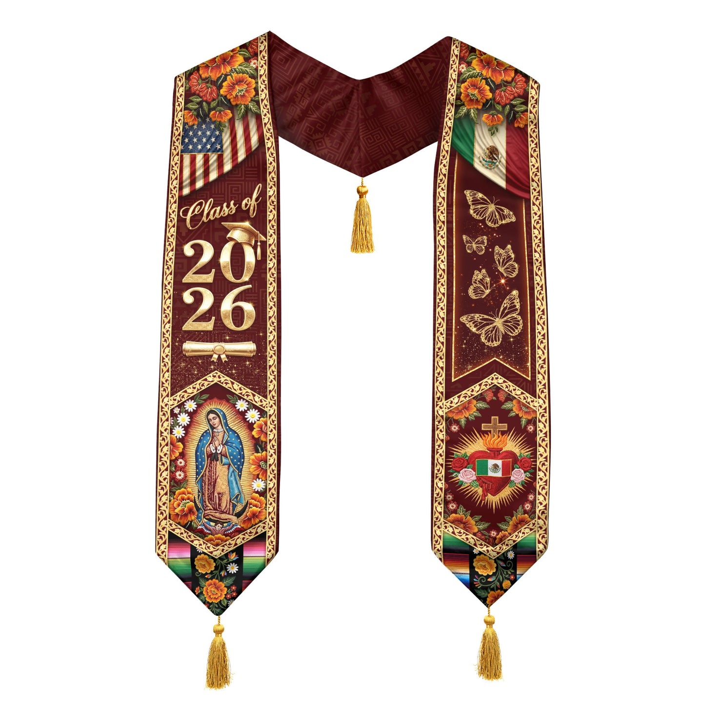 Mexico Stole Class of 2026 Butterfly Sacred Heart Virgin Guadalupe Floral Tassel Sash