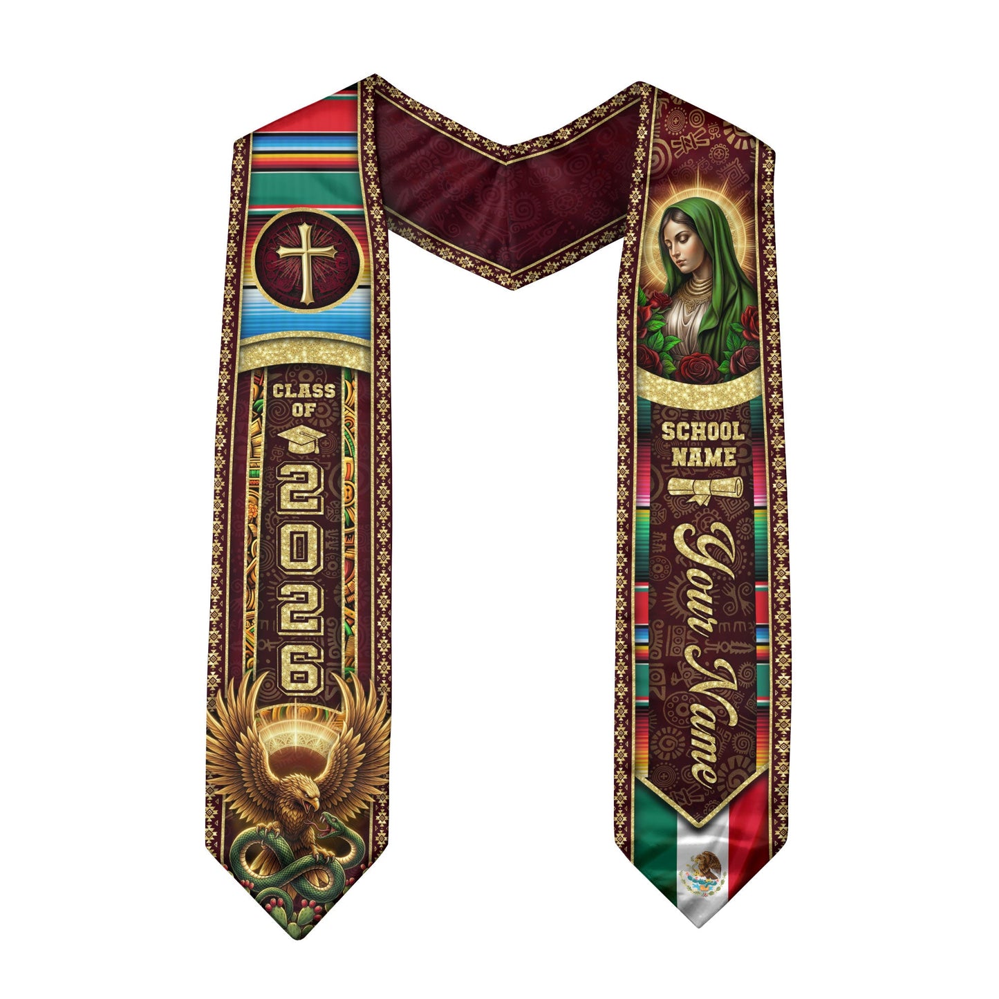 Custom Mexican Graduation Stole 2026 Virgin Mary Eagle Cross Name School Sash