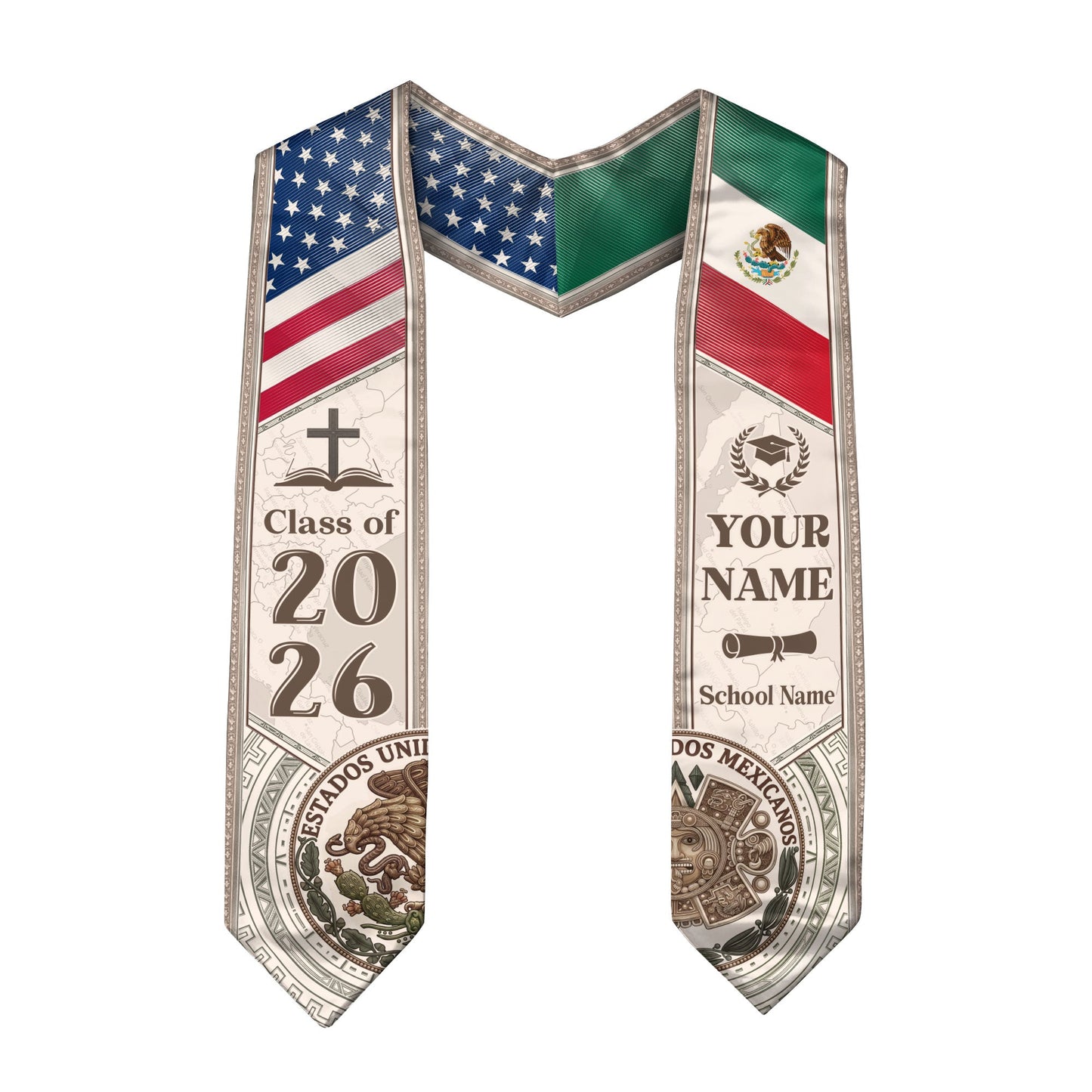 USA Mexico Dual Citizenship Graduation Stole 2026 - Personalized Name & School Sash