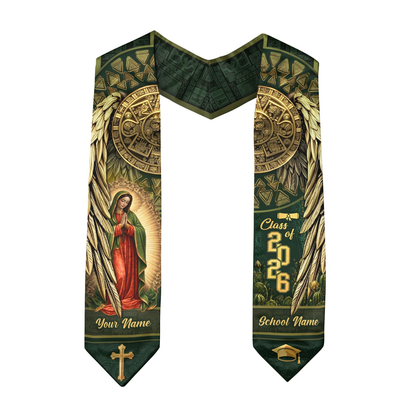 Mexico Graduation Stole 2026 Virgin Mary Aztec Calendar Personalized Heritage Sash