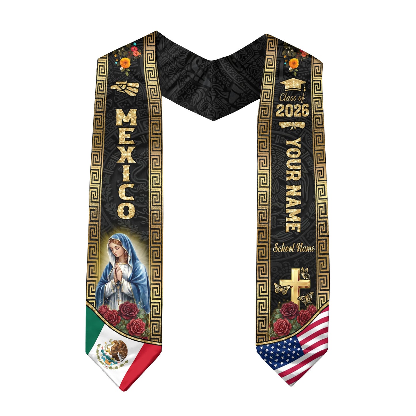 Custom Mexico Graduation Stole 2026 Virgin Mary Eagle Flag Mexican Sash
