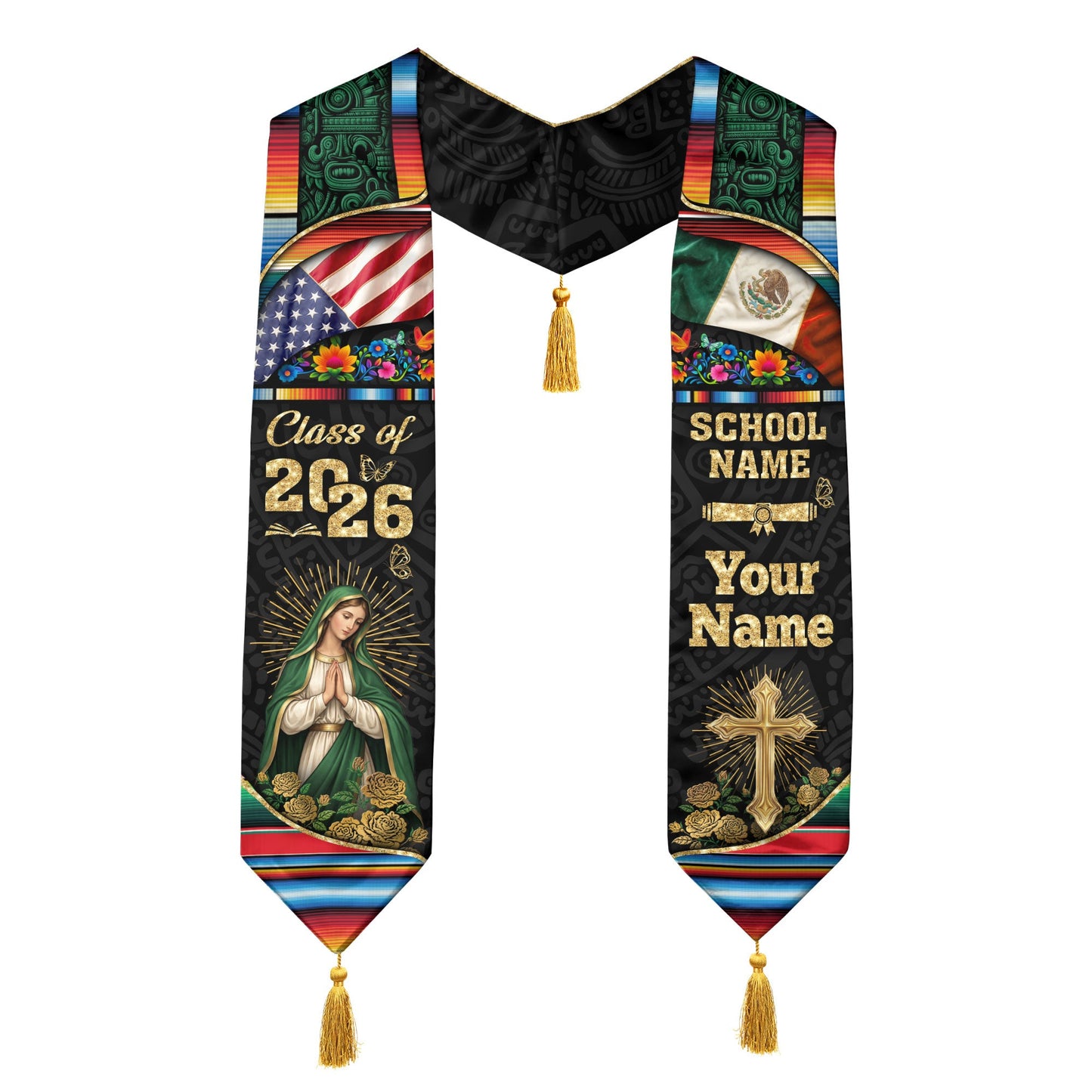 Custom Mexican American Graduation Stole Class of 2026 Our Lady of Guadalupe Mexico Tassel Sash