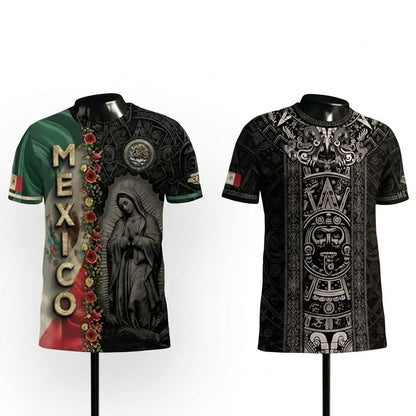 Mexico Heritage Shirt 2-Pack Bundle – Aztec Sun Stone Black Pattern + Guadalupe Floral Flag National Pride