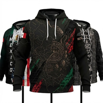 Mexico Aztec Heritage Hoodie 3-Pack Bundle – USA Flag Eagle Pride Unity + Mexico Map Sunstone Flag Warrior + Sunstone Calendar Ancient Symbol
