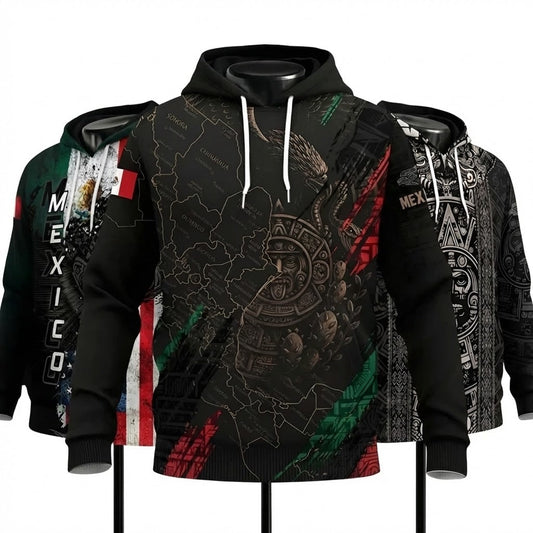 Mexico Aztec Heritage Hoodie 3-Pack Bundle – USA Flag Eagle Pride Unity + Mexico Map Sunstone Flag Warrior + Sunstone Calendar Ancient Symbol