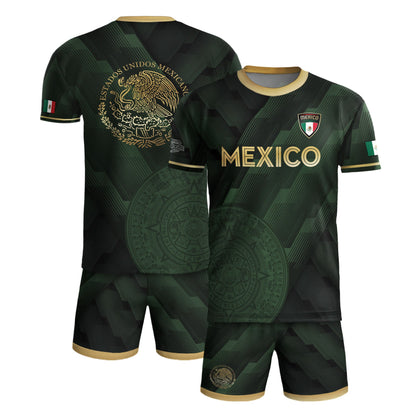 Mexico Green Soccer Jersey with Golden Aztec Sunstone Design