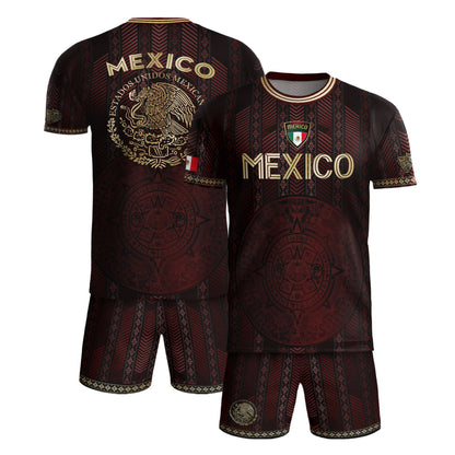Mexico Burgundy Soccer Jersey with Golden Aztec Calendar and Eagle Crest