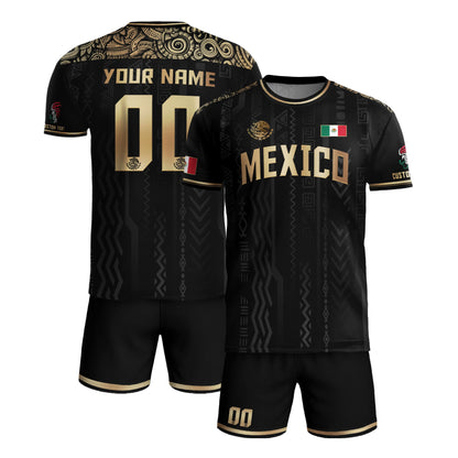 Custom Mexico Black Gold Aztec Pattern National Pride Soccer Jersey