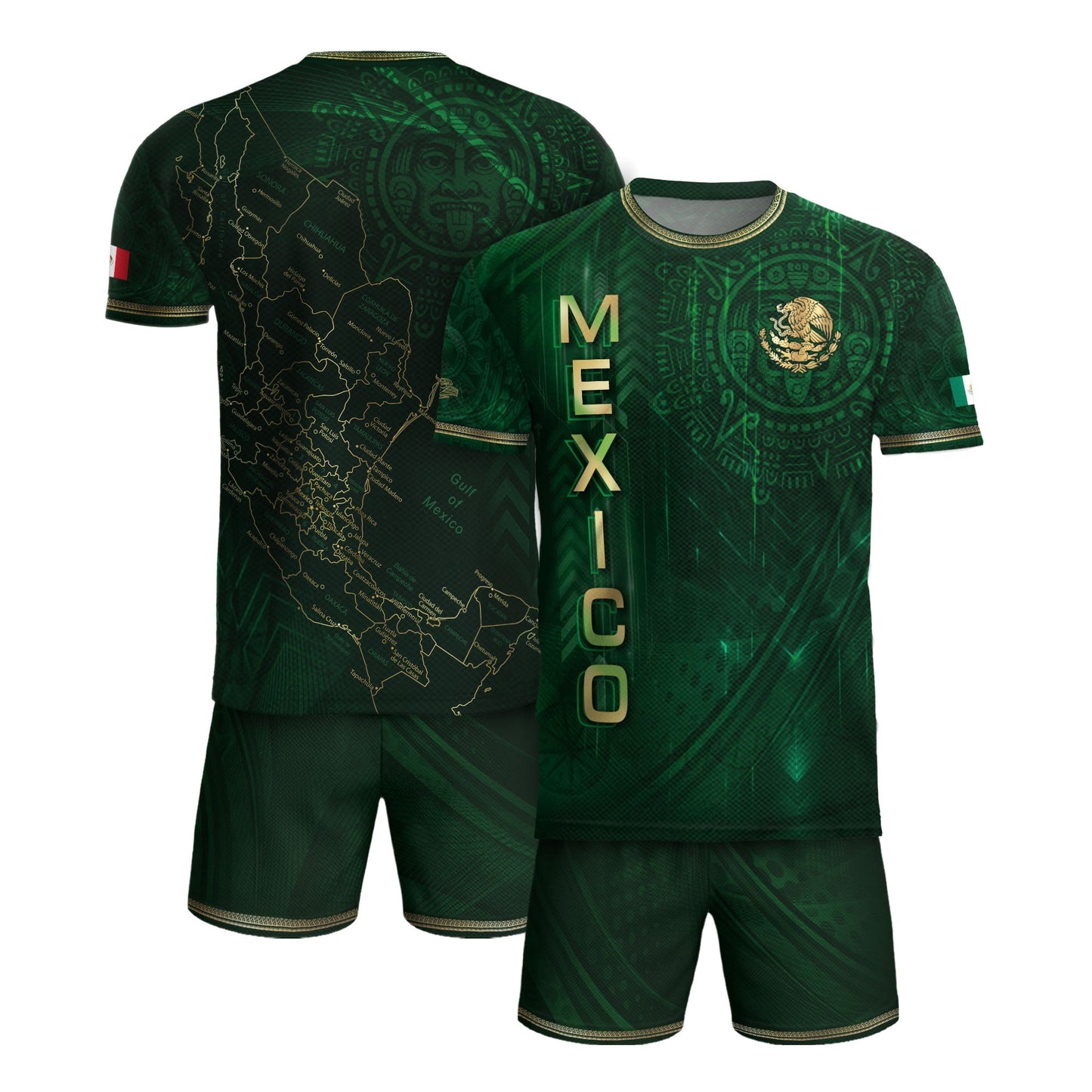 Mexico Heritage Orgullo Mexicano Green Gold Detailed Country Map Aztec Calendar Soccer Jersey