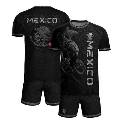 Mexico Coat of Arms Black Silver Eagle Snake Battle Aztec Calendar Heritage Soccer Jersey
