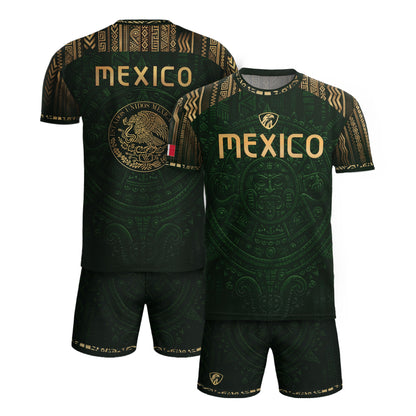 Mexico Heritage Orgullo Mexicano Green Gold Aztec Calendar Sun Stone Soccer Jersey