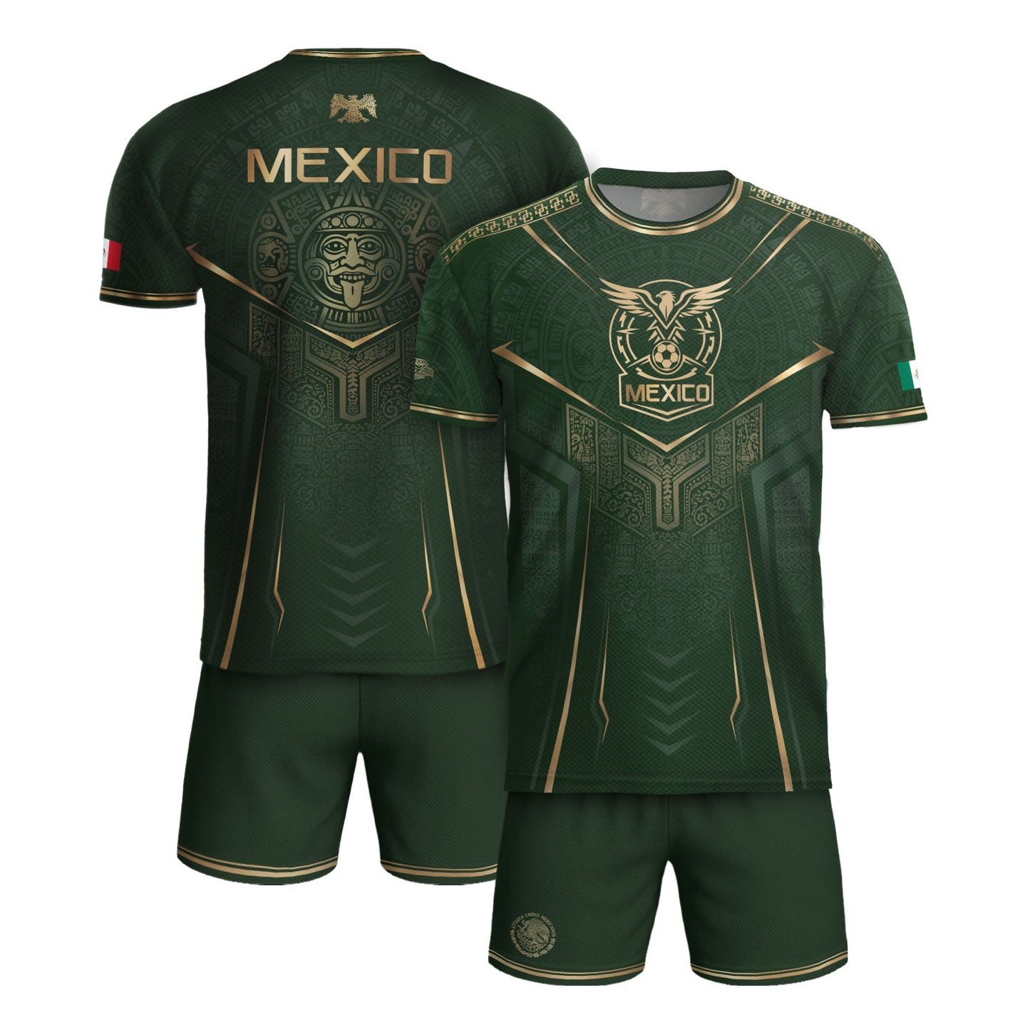 Mexico Soccer Jersey Men Aztec Warrior Green Gold Football Shirt Fan Edition Tee