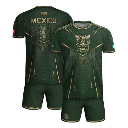 Mexico Soccer Jersey Men Aztec Warrior Green Gold Football Shirt Fan Edition Tee