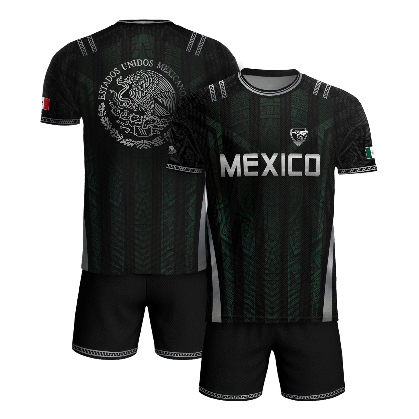 Mexico Soccer Jersey Black Eagle Crest Football Fan Men Shirt Aztec Design Tee