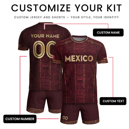 Mexico Soccer Jersey - Aztec Mayan Heritage Pattern - Personalized Maroon Football Shirt