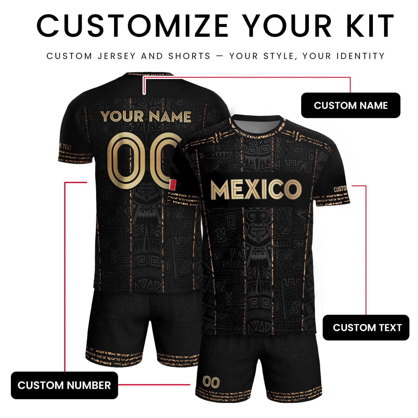 Mexico Soccer Jersey Custom Name - Aztec Heritage Black & Gold Tribal Football Shirt
