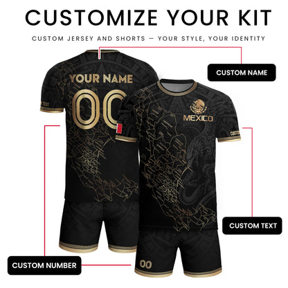 Mexico Soccer Jersey Custom Name - Black & Gold Mexico Map Heritage Football Shirt