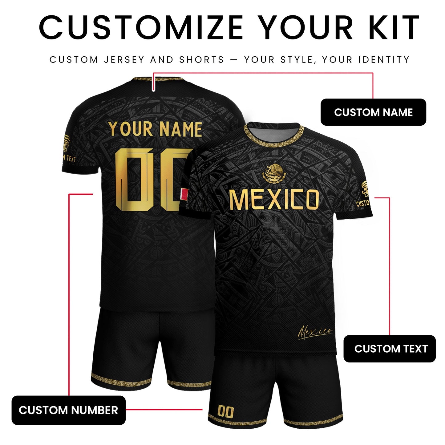 Custom Mexico Soccer Jersey – Black Aztec Heritage Pattern Personalized Football Shirt