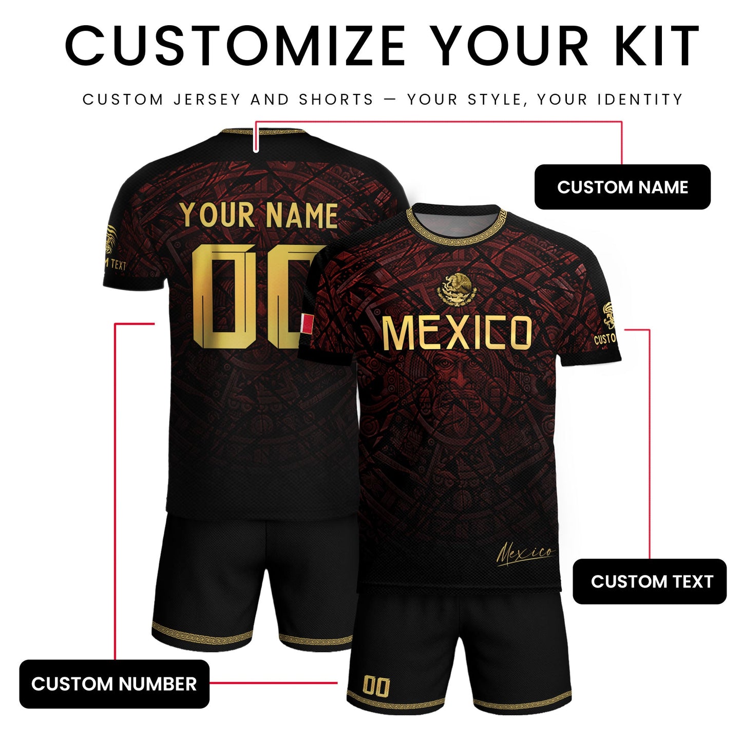 Custom Mexico Soccer Jersey – Maroon Black Aztec Heritage Pattern Personalized Football Shirt
