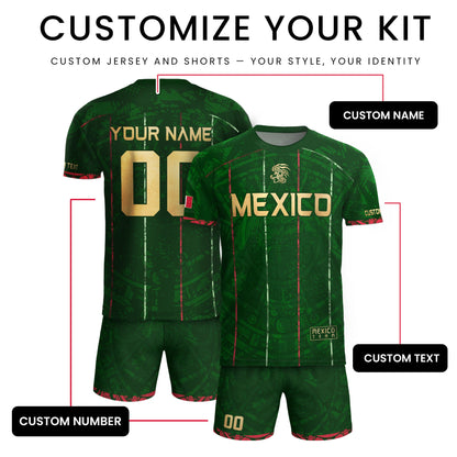 Custom Mexico Soccer Jersey – Green Aztec Pattern Striped Football Shirt with Custom Name Number