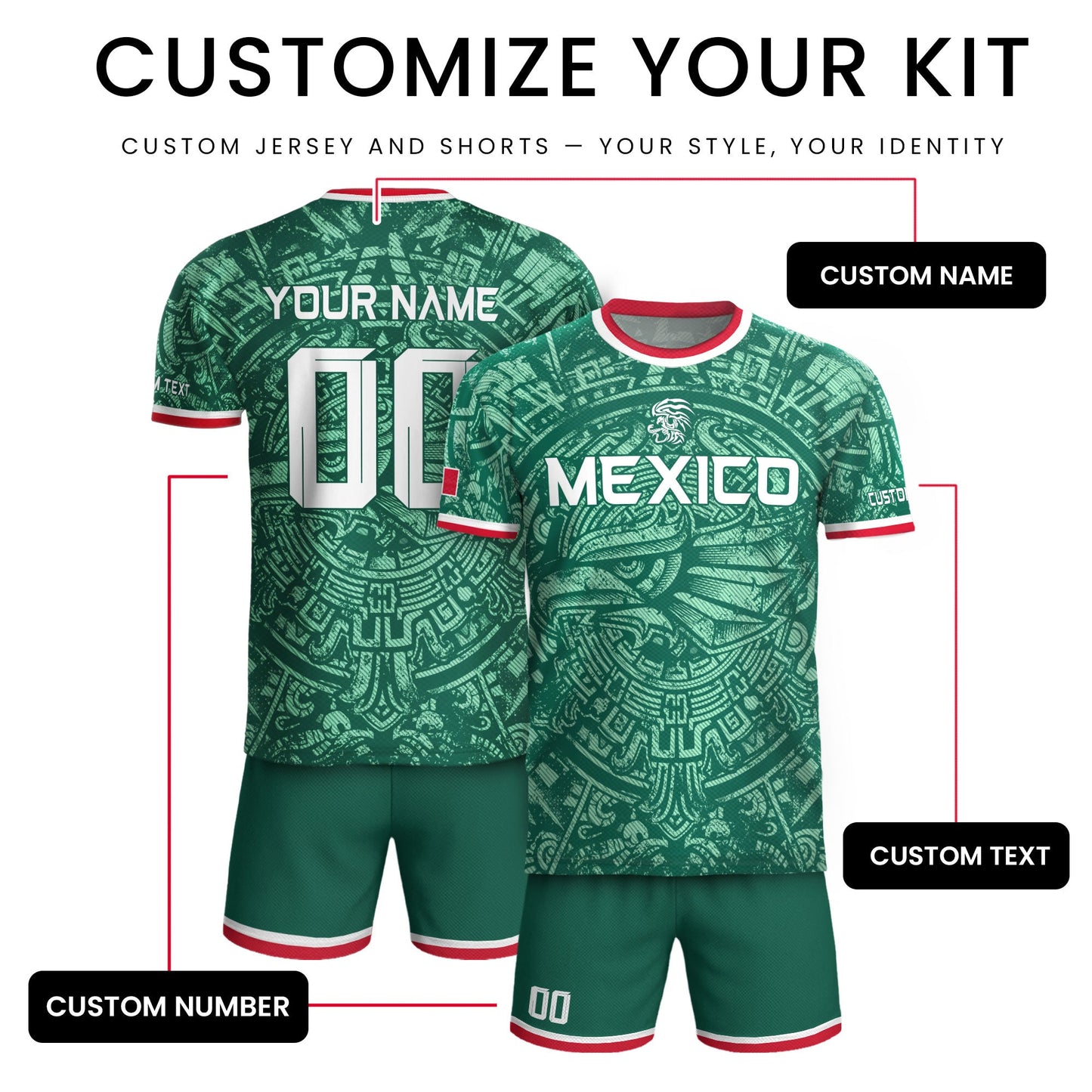 Mexico Soccer Jersey Custom Name - Green Aztec Calendar & Eagle Heritage Football Shirt