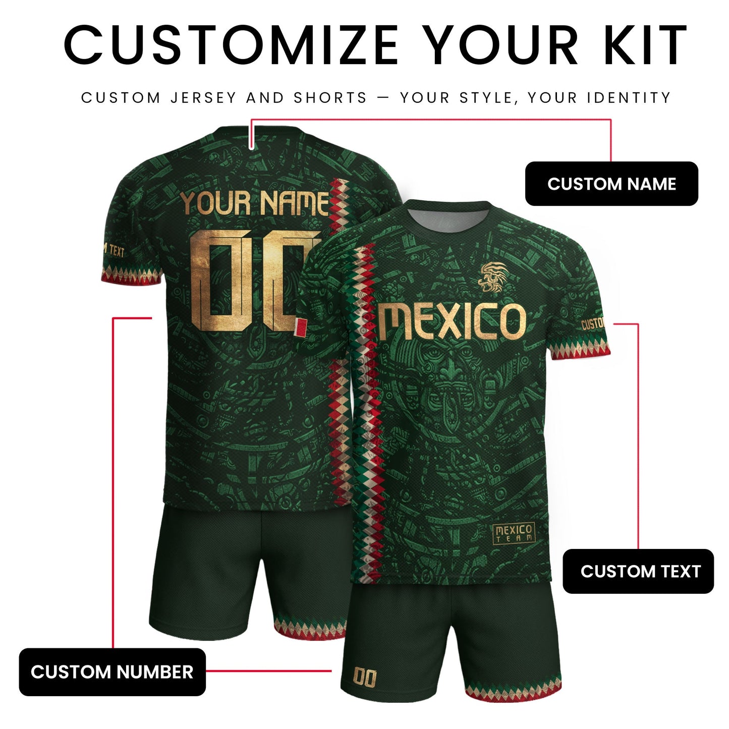 Custom Mexico Soccer Jersey Men Women Green Gold Mexican Football Jersey Playera De Mexico Jersey De Mexico