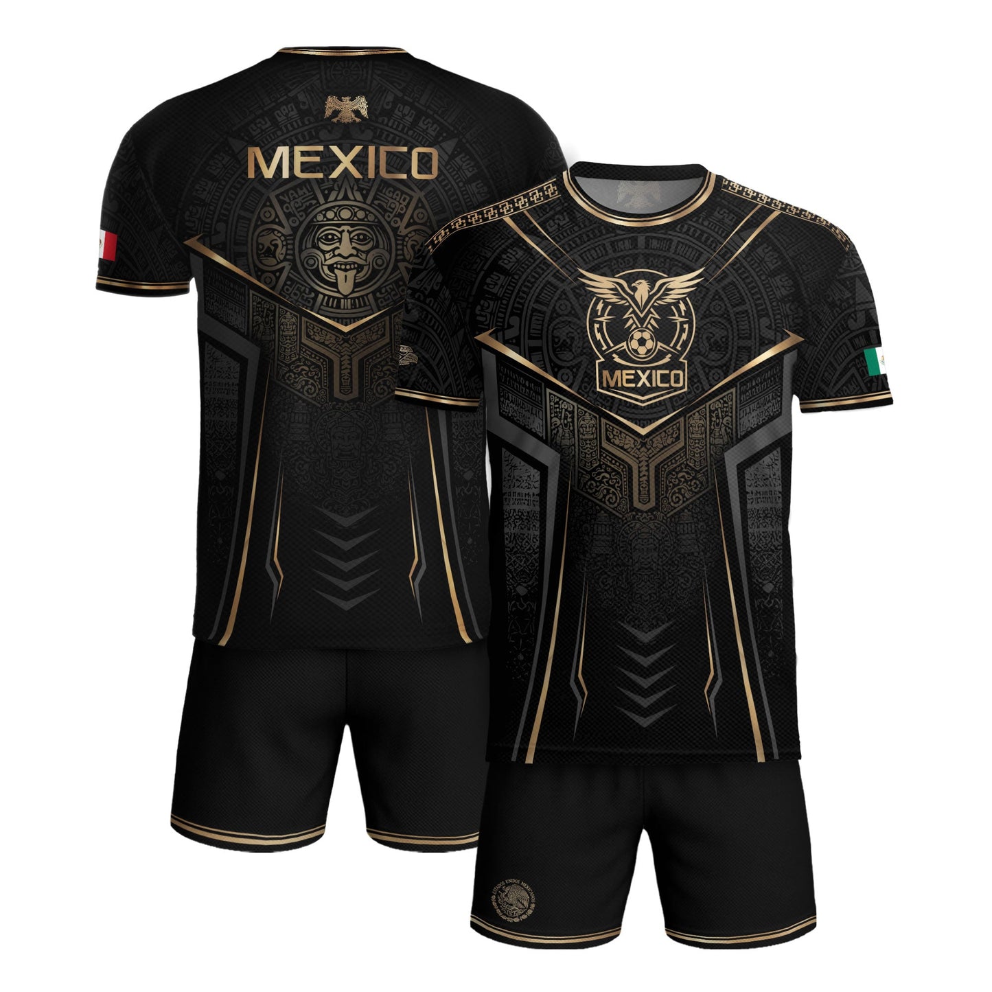 Mexico Soccer Jersey - Black & Gold Aztec Sun Stone Tribal Football Shirt