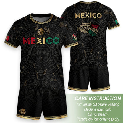 Mexico Kids Soccer Jersey Black Aztec Calendar Tricolor Gold Youth Football Shirt