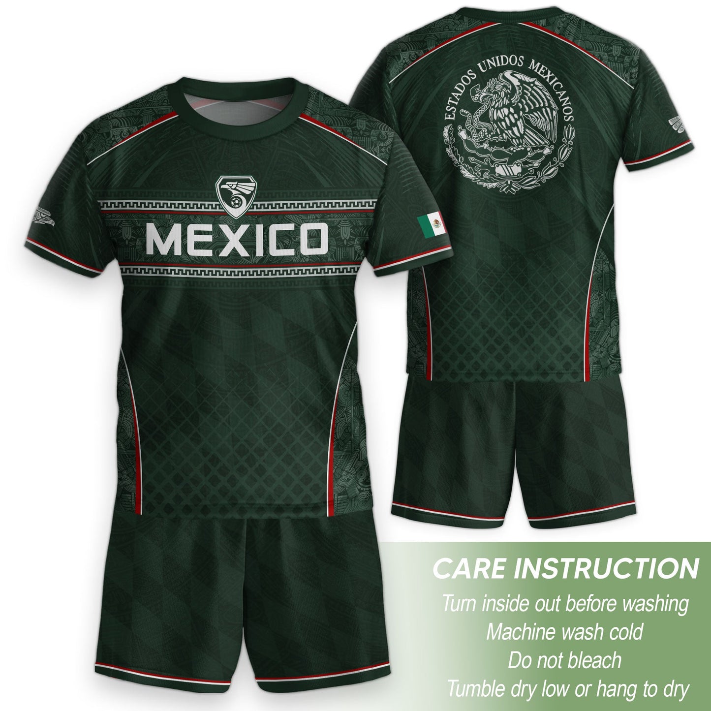 Youth Mexico Soccer Jersey Green National Coat of Arms Aztec Heritage Football Shirt Set