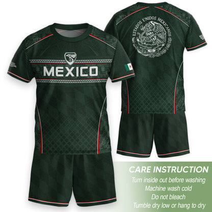 Youth Mexico Soccer Jersey Green National Coat of Arms Aztec Heritage Football Shirt Set