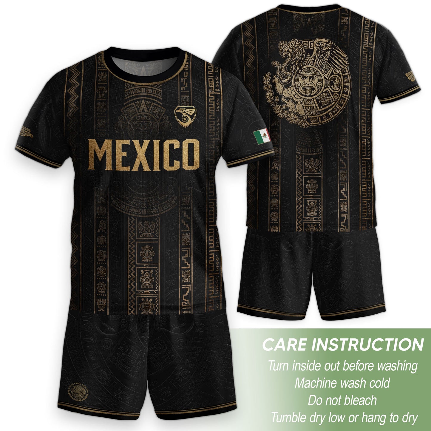 Mexico Soccer Jersey Youth Black Aztec Calendar Sun Stone Heritage Football Shirt Set