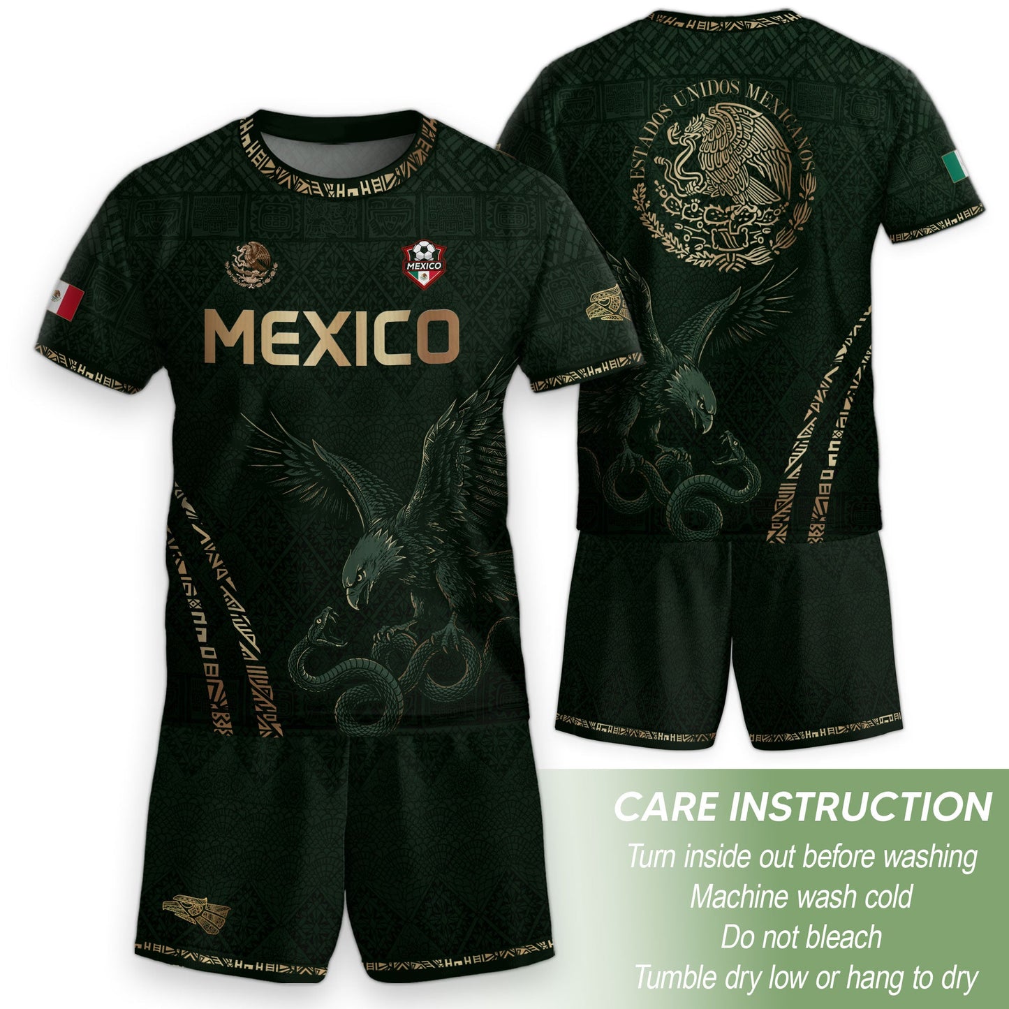 Mexico Soccer Jersey Kid Youth Aztec Eagle Dark Green Football Shirt Gift