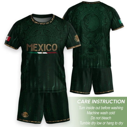 Mexico Soccer Jersey Kid Youth Aztec Calendar Green Football Shirt Tee Gift