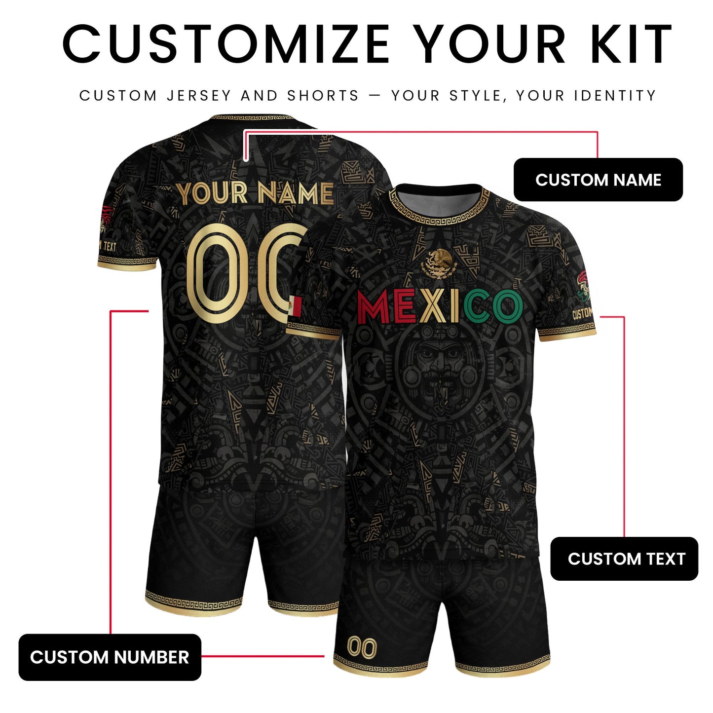 Personalized Mexico Soccer Jersey Black Aztec Calendar Men Mexican Football Shirt Flag