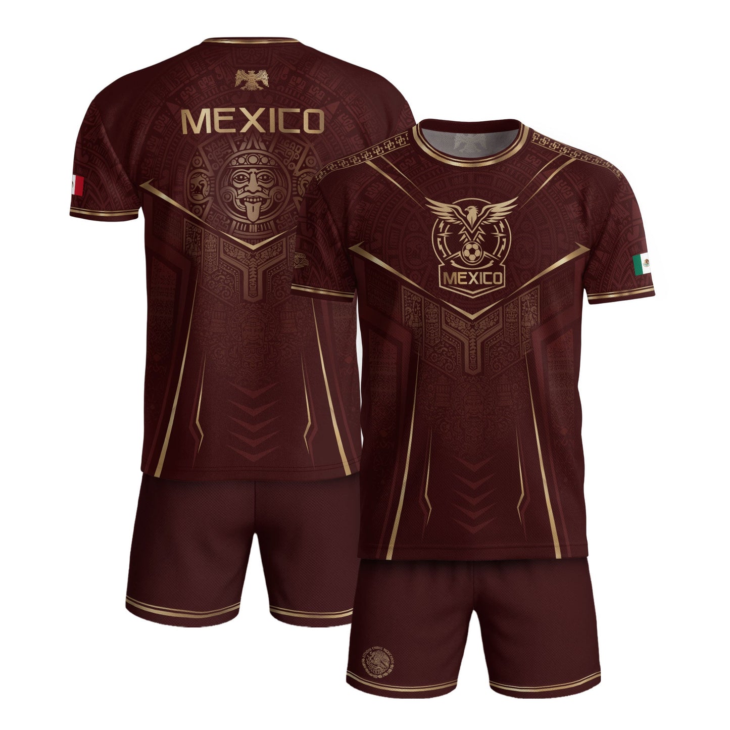 Mexico Soccer Jersey Men Maroon Aztec Pattern Football Shirt Classic Fan Wear