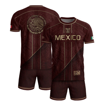 Mexico Soccer Jersey Men Maroon Gold Heritage Football Shirt Aztec Style Top